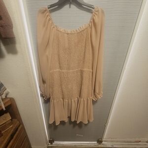 Beige Smocked Peasant Blouse Dress - Women Tops